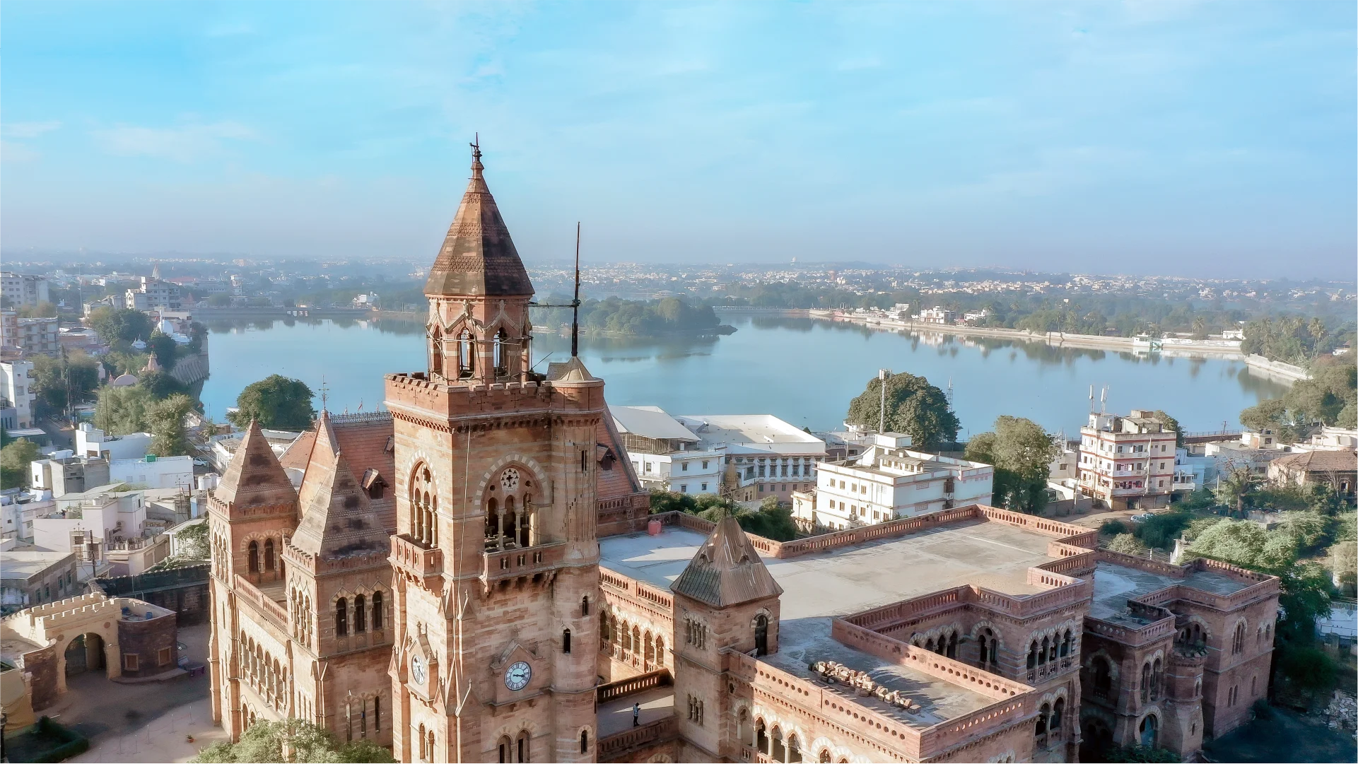 Prag Mahal — Gothic clock tower and Durbar Hall at Bhuj